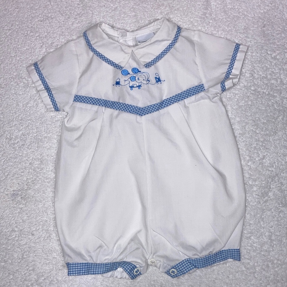 Vintage Alexis circus train baby boy bubble blue gingham trim 9m